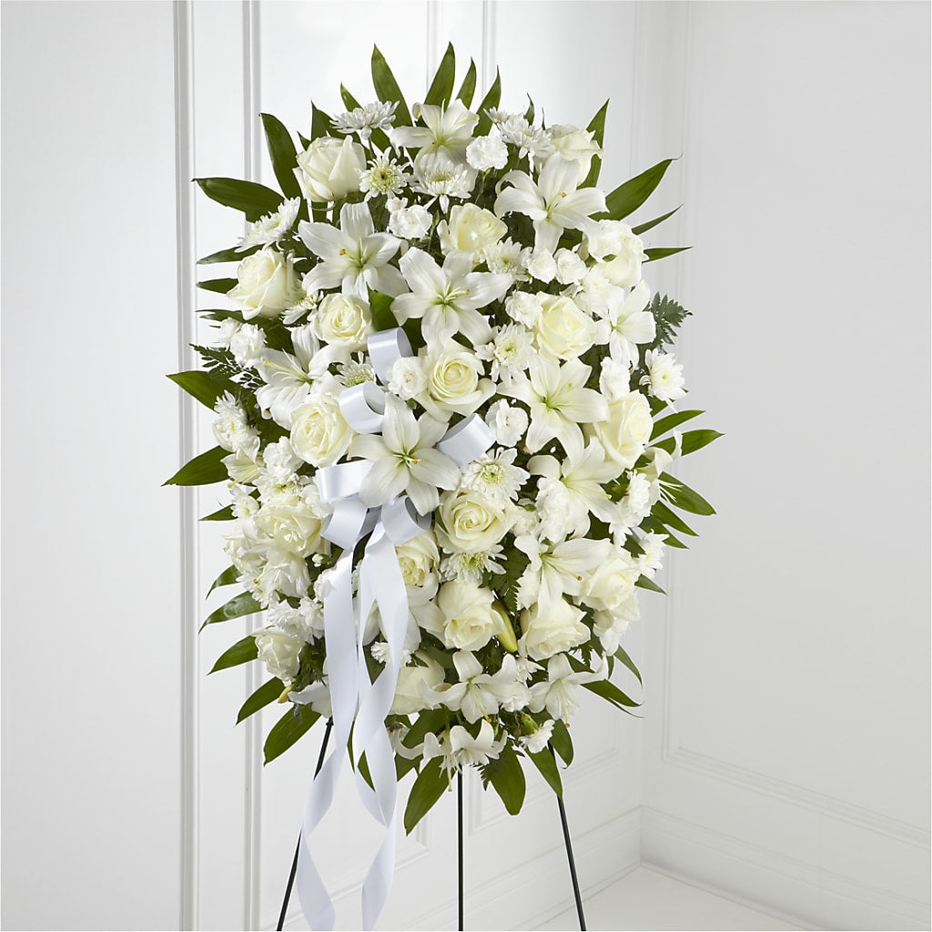 Exquisite Tribute Standing Spray-White Ribbon – Olas Flower, Bothell WA