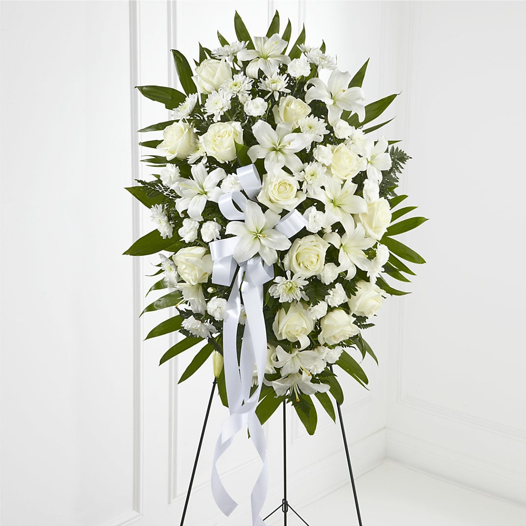 Exquisite Tribute Standing Spray-White Ribbon – Olas Flower, Bothell WA
