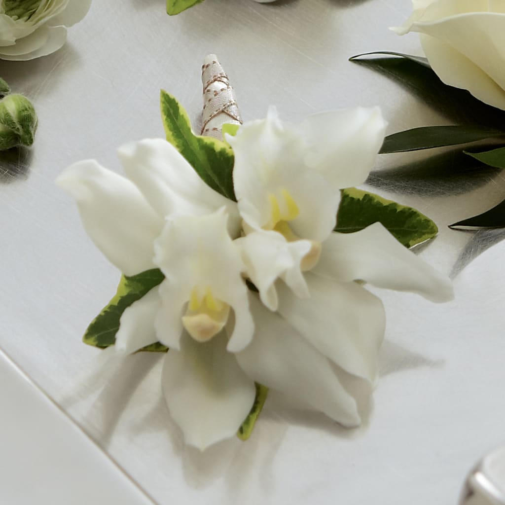 White Mini Cymbidium Boutonniere – Olas Flower, Bothell WA